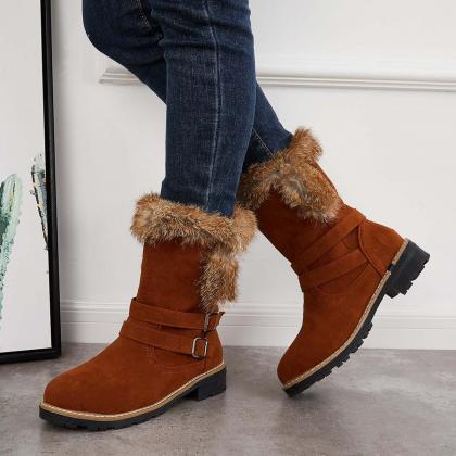 Veooy Warm Fur Mid Calf Snow Boots Block Heel..