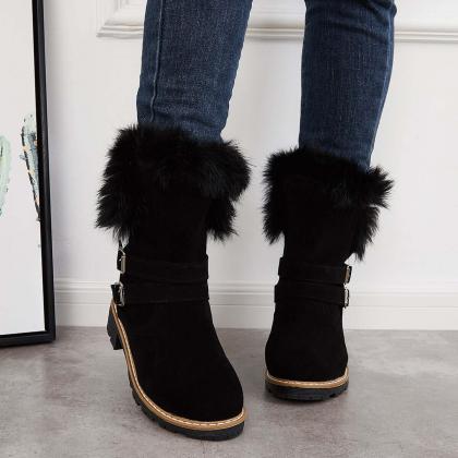 Veooy Warm Fur Mid Calf Snow Boots Block Heel..