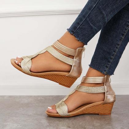 Veooy Casual T-strap Wedge Sandals Back Zipper..