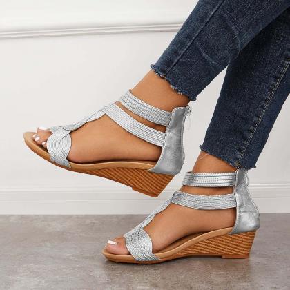 Veooy Casual T-strap Wedge Sandals Back Zipper..