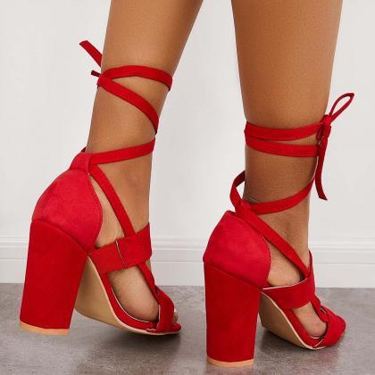 Veooy Lace Up Chunky Block High Heel Sandals Ankle..