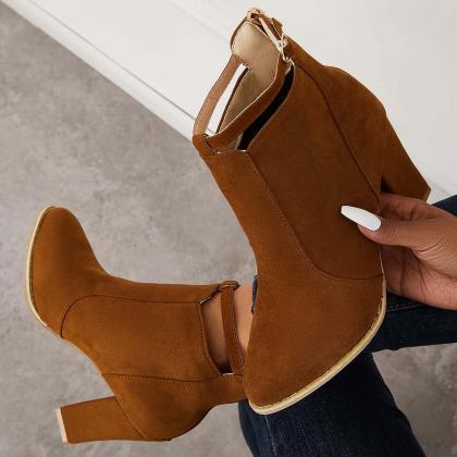 Veooy Suede Chunky Heel Ankle Boots Back Zipper..
