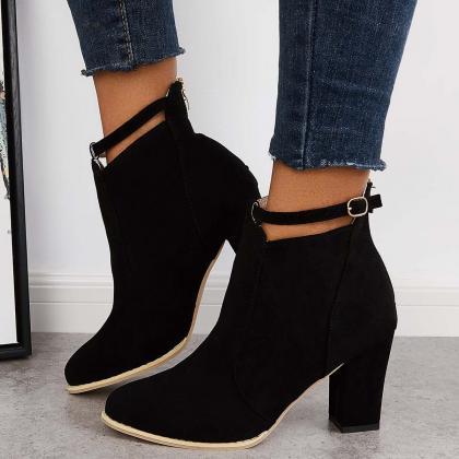 Veooy Suede Chunky Heel Ankle Boots Back Zipper..