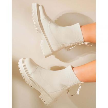 Veooy Chunky Heel Knit Sock Ankle Boots Platform..