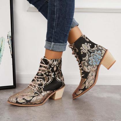 Veooy Retro Embroidered Cowboy Ankle Boots Block..