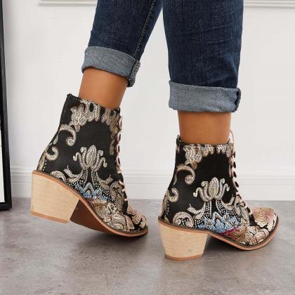 Veooy Retro Embroidered Cowboy Ankle Boots Block..