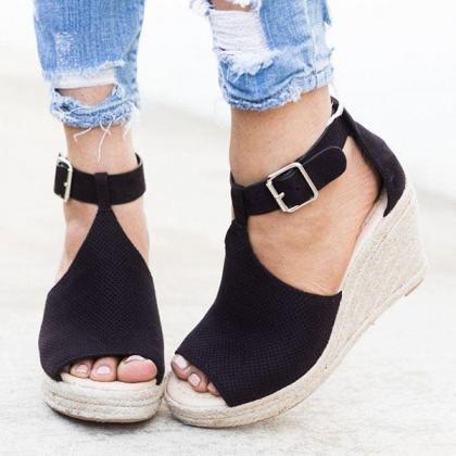 Veooy Chic Espadrille Wedges Adjustable Buckle..