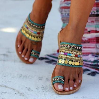 Veooy Ethnic Boho Style Toe Ring Slippers
