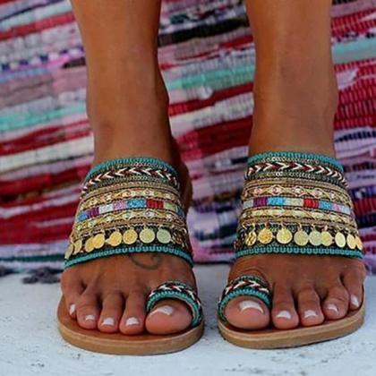 Veooy Ethnic Boho Style Toe Ring Slippers