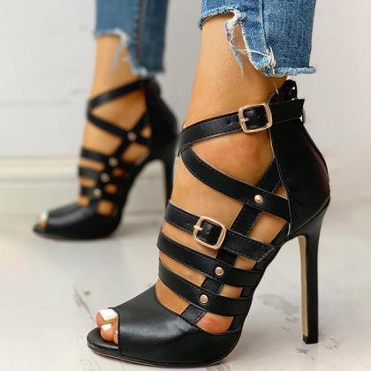 Veooy Solid Hollow Out Ankle Strap Thin Heels