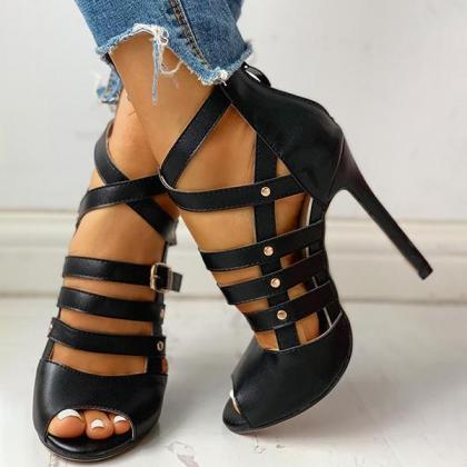 Veooy Solid Hollow Out Ankle Strap Thin Heels