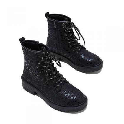 Veooy Women Sexy Sequin Lace-up Ankle Chunky Heel..
