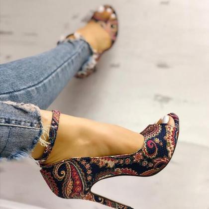 Veooy Ethnic Print Peep Toe Ankle Strap Thin..