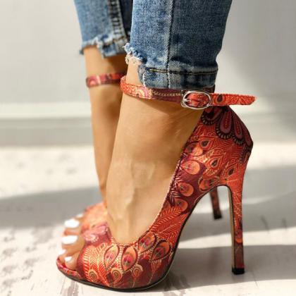 Veooy Ethnic Print Peep Toe Ankle Strap Thin..
