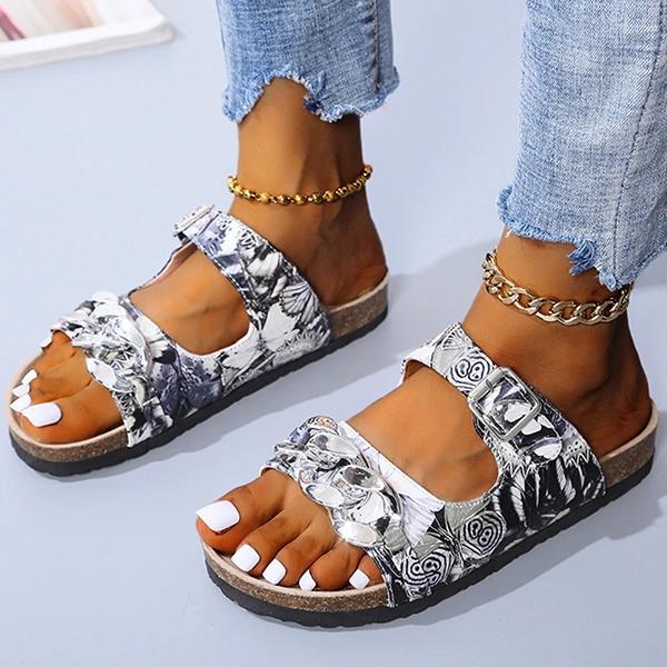 Veooy Daily Pu Print Chain Adjusting Buckle Adornment Sandals