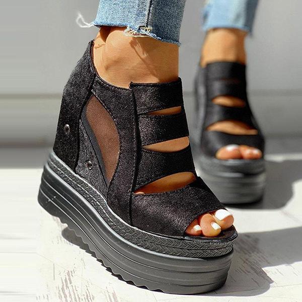 Veooy Side Zipper Peep Toe Patchwork Platform Sandals