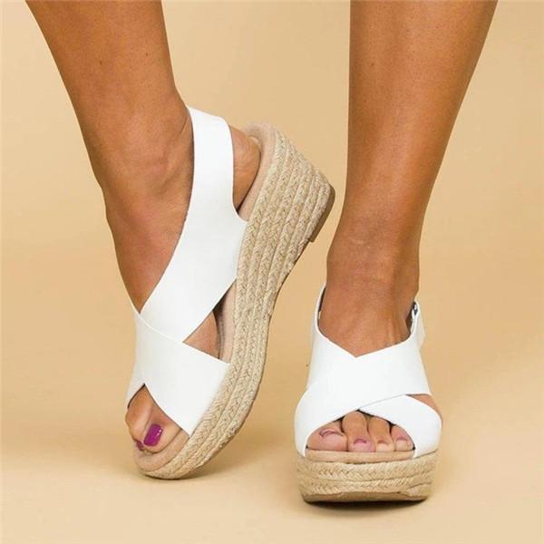 Veooy Women Peep Toe Magic Tape Wedges Crossed Sandals