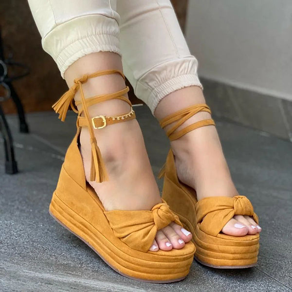 Veooy Chic Platform Lace-up Buckle Wedges