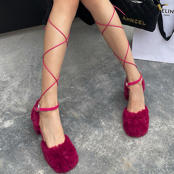 Veooy Square Toe Fuzzy Chunky Heeled Lace-up Pumps
