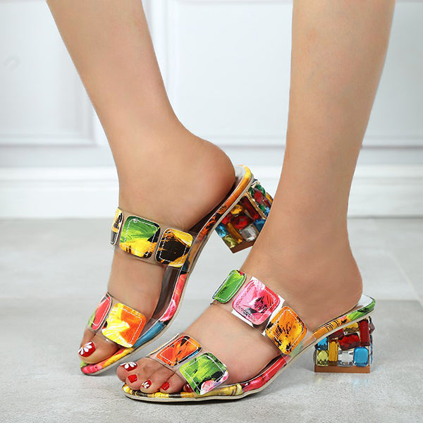 Veooy Multicolor Diamond Block Heel Slippers