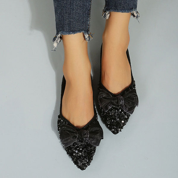 Veooy Pointed Toe Bow Sequins Flats