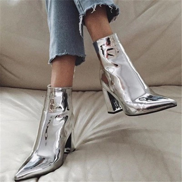Veooy Patent Pointed Toe Chunky Zipper Heeled Boots