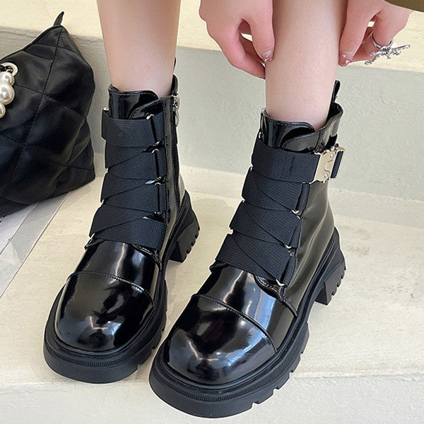 Veooy Fashion Patent Leather Multi Buckle Straps Combat Boots