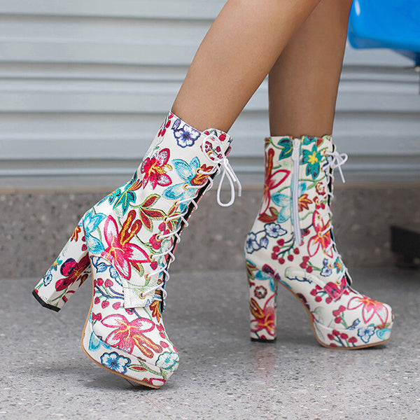Veooy High Block Heel Floral Bohemian Lace Up Ankle Boots