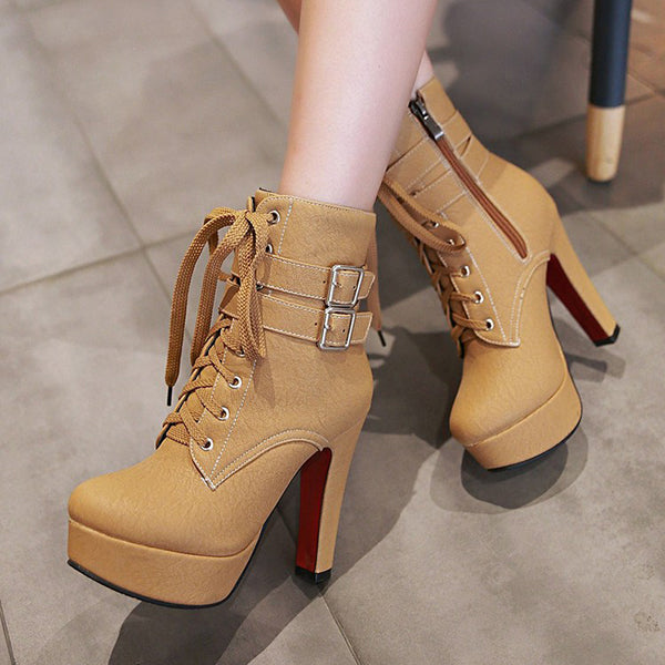 Veooy Stylish Lace Up Thick Heel Ankle Combat Boots
