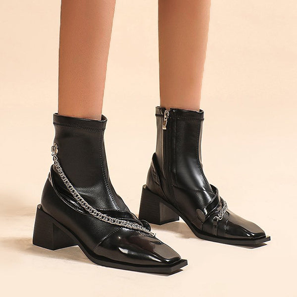 Veooy Square Toe Chain Block Heeled Ankle Booties