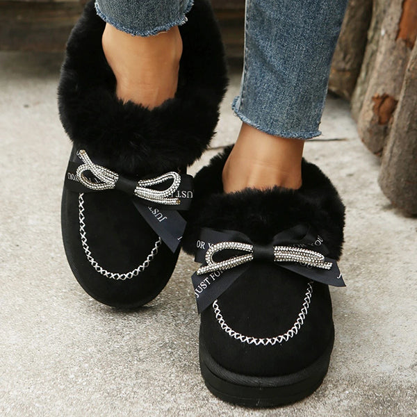 Veooy Rhinestone Bow Decor Faux Suede Snow Boots