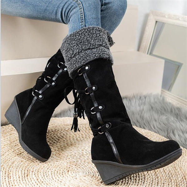 Veooy Winter Lace Up Fur Warm Heeled Boots