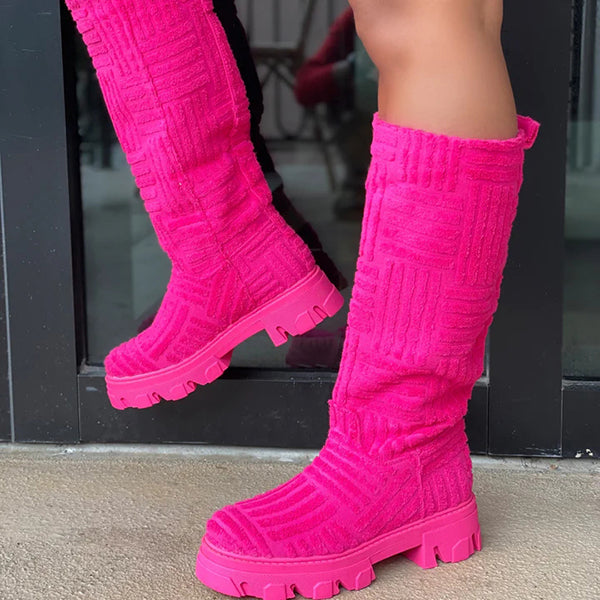 Veooy Candy Color Over Knee Knit Long Platform Boots