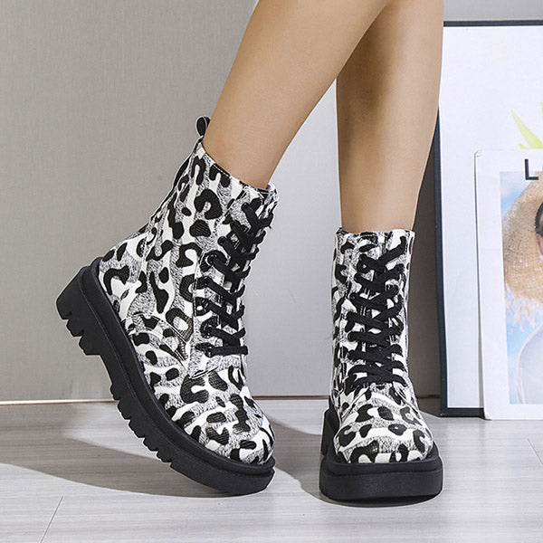Veooy Lace-up Front Leopard Round Toe Block Heel Thread Boots