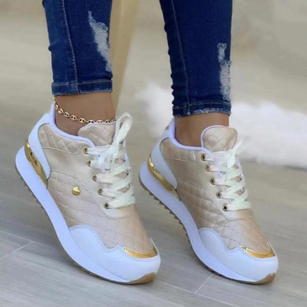 Veooy Round Toe Gold Sequin Embellished Lace-up Sneakers