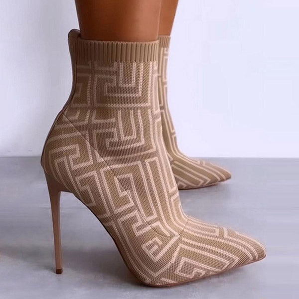Veooy Geometric Slip-on Pointed Toe Stiletto Heel Cotton Boots