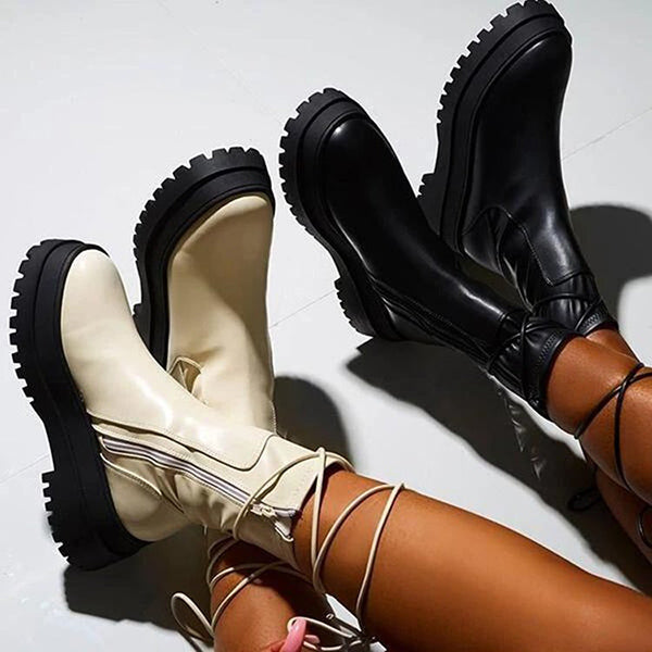 Veooy Chunky Platform Ankle Boots Wide Calf Lug Sole Booties