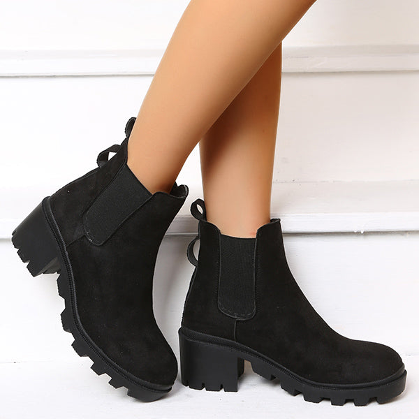 Veooy Black Chelsea Lug Sole Ankle Boots Pull On Low Heel Booties