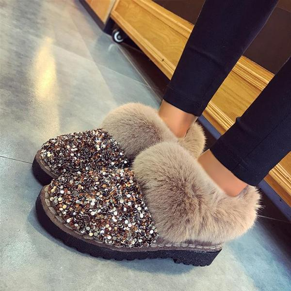 Veooy Faux Fur Sequin Flat Ankle Boots Side Zipper Short Booties