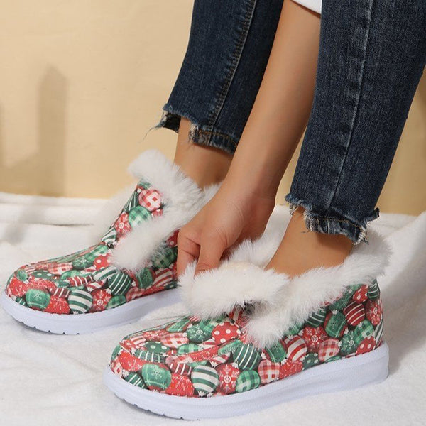 Veooy Winter Cute Print Warm Fur Pull-on Snow Boots