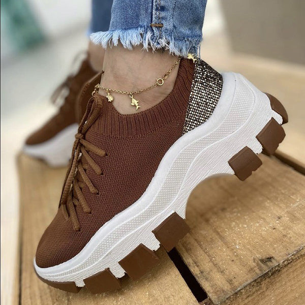 Veooy Knit Colorblock Wedge Lace-up Sneakers