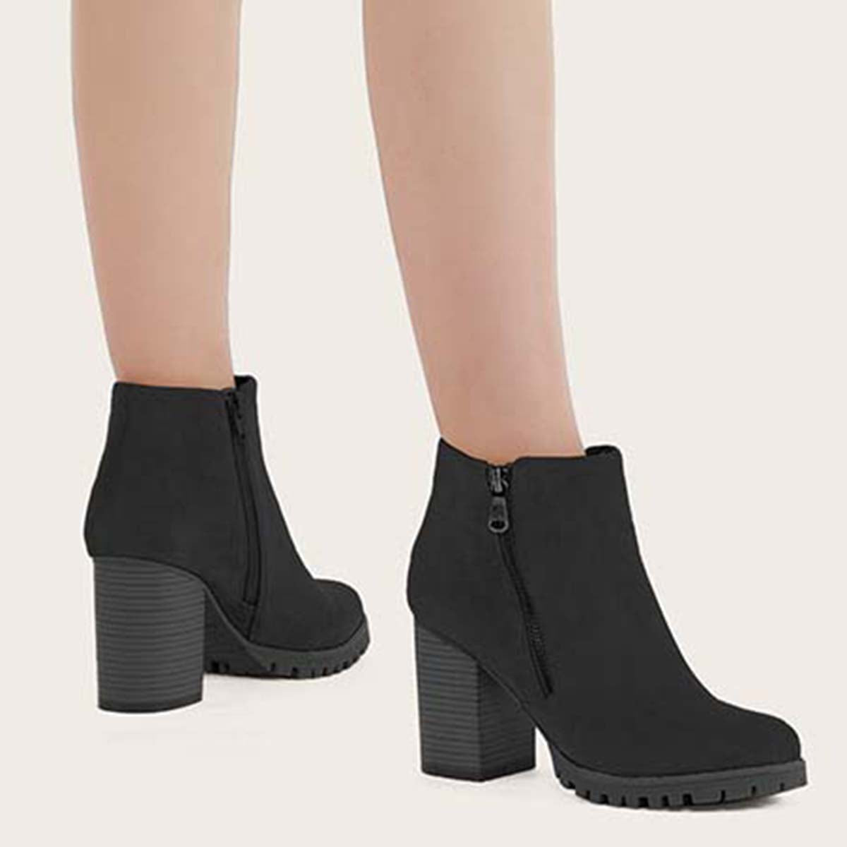 Veooy Black Chunky Heel Booties Round Toe Side Zip Ankle Boots
