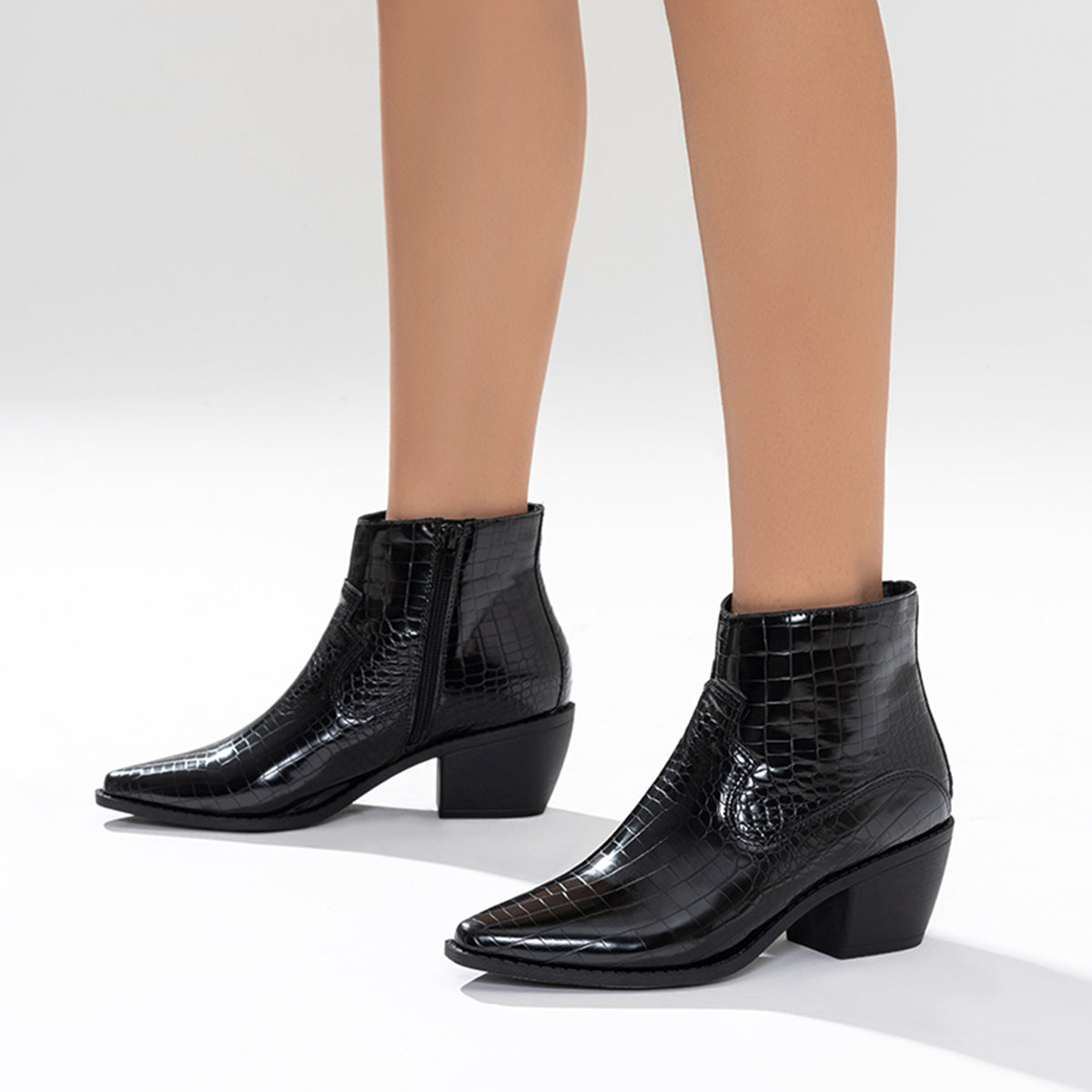 Veooy Black Western Ankle Boots Side Zipper Chunky Block Heel Booties