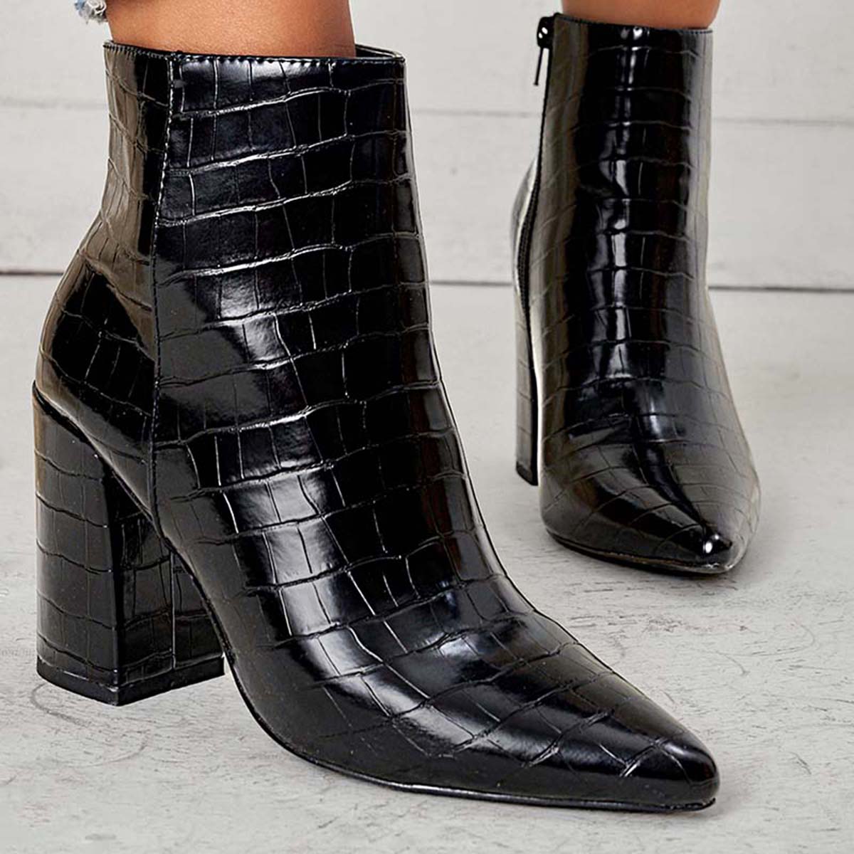Veooy Pointed Toe Ankle Boots Side Zipper Chunky Heel Booties