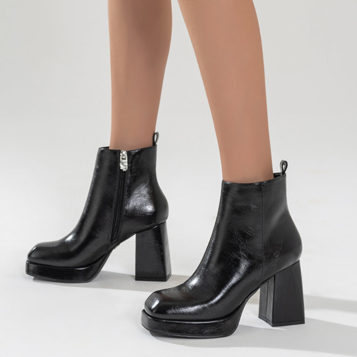 Veooy Black Square Toe Platform Chunky Heeled Ankle Boots