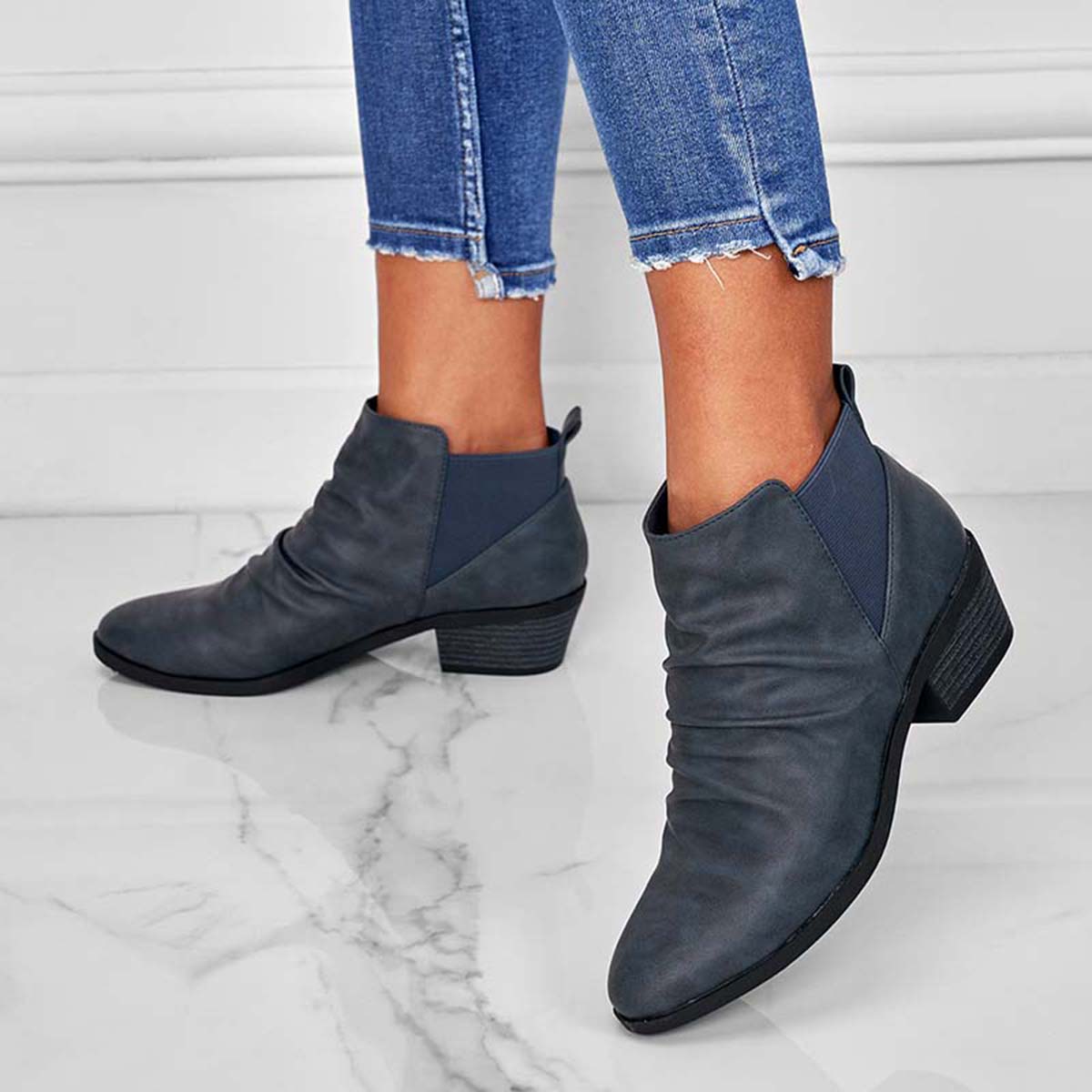 Veooy Round Toe Ruched Booties Stacked Block Heel Ankle Boots