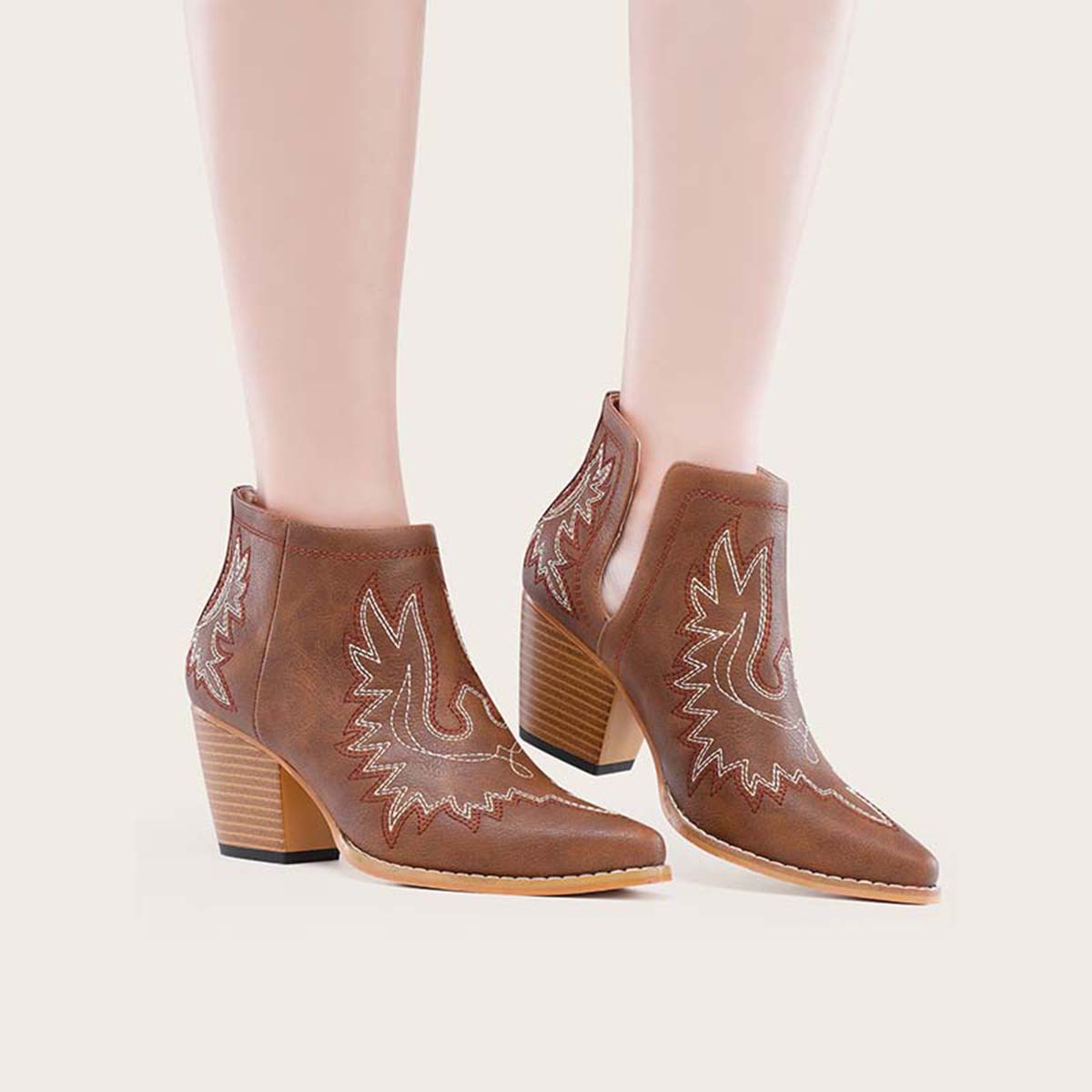 Veooy Coutout Western Cowgirl Boots Slip On Chunky Heel Ankle Booties