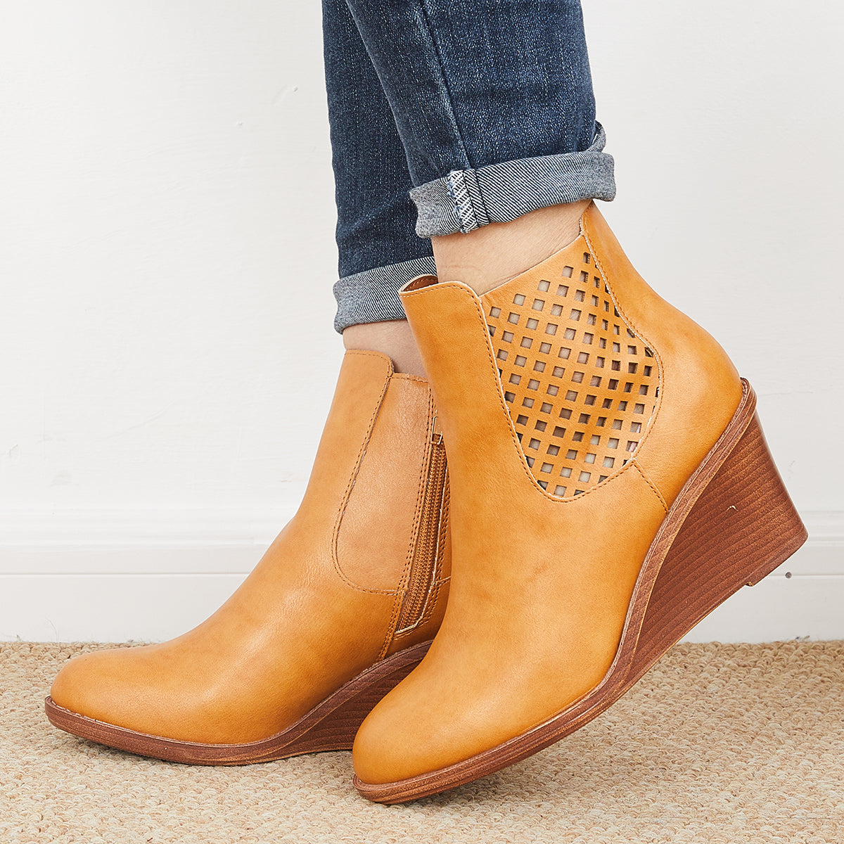 Veooy Hollow Ankle Boots Closed Toe Stacked Wedge Heel Booties