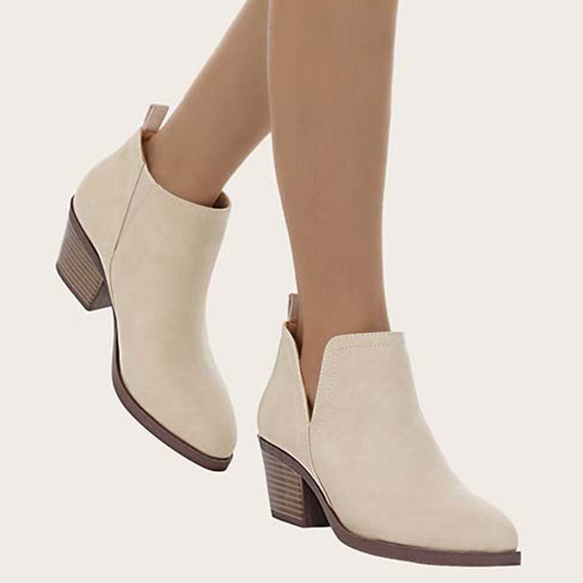 Veooy Cutout Ankle Boots Slip On Chunky Heel Western Booties