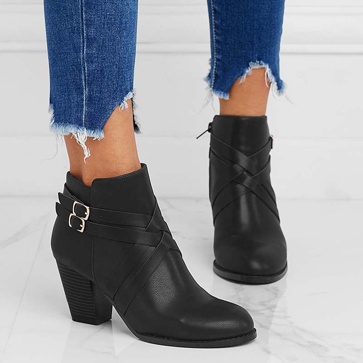 Veooy Crisscross Buckle Chunky Heel Ankle Boots Side Zipper Booties